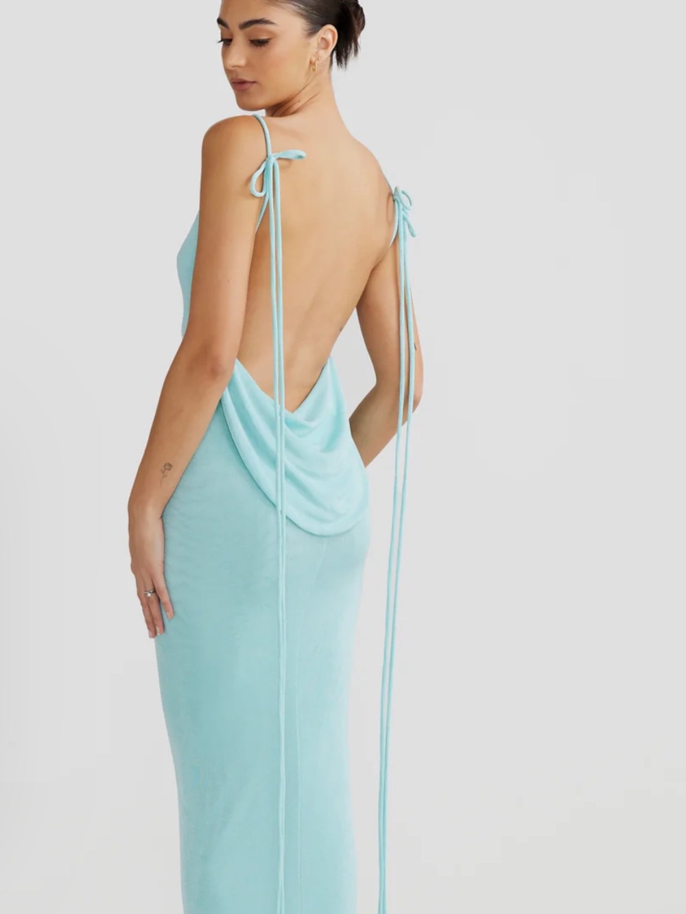 MELANI Backless Cowl Maxi Dress in Light Aqua